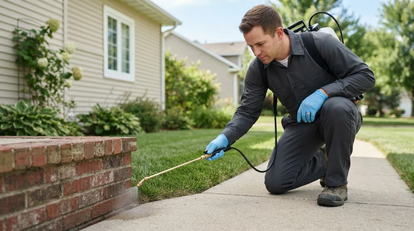 Pest control technician treating a home near Rising Sun, IN